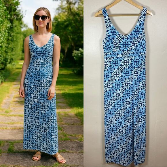 J. McLaughlin Maxi Dress Catalina Cloth Blue Geometric Print Stretch S Coastal - Picture 1 of 10